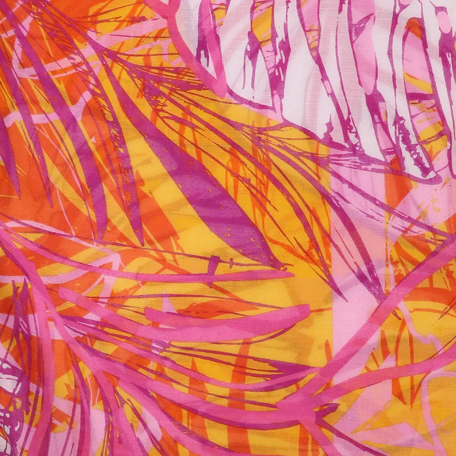 Lightweight Abstract Tropical Leaf Print Scarf | Pink & Orange