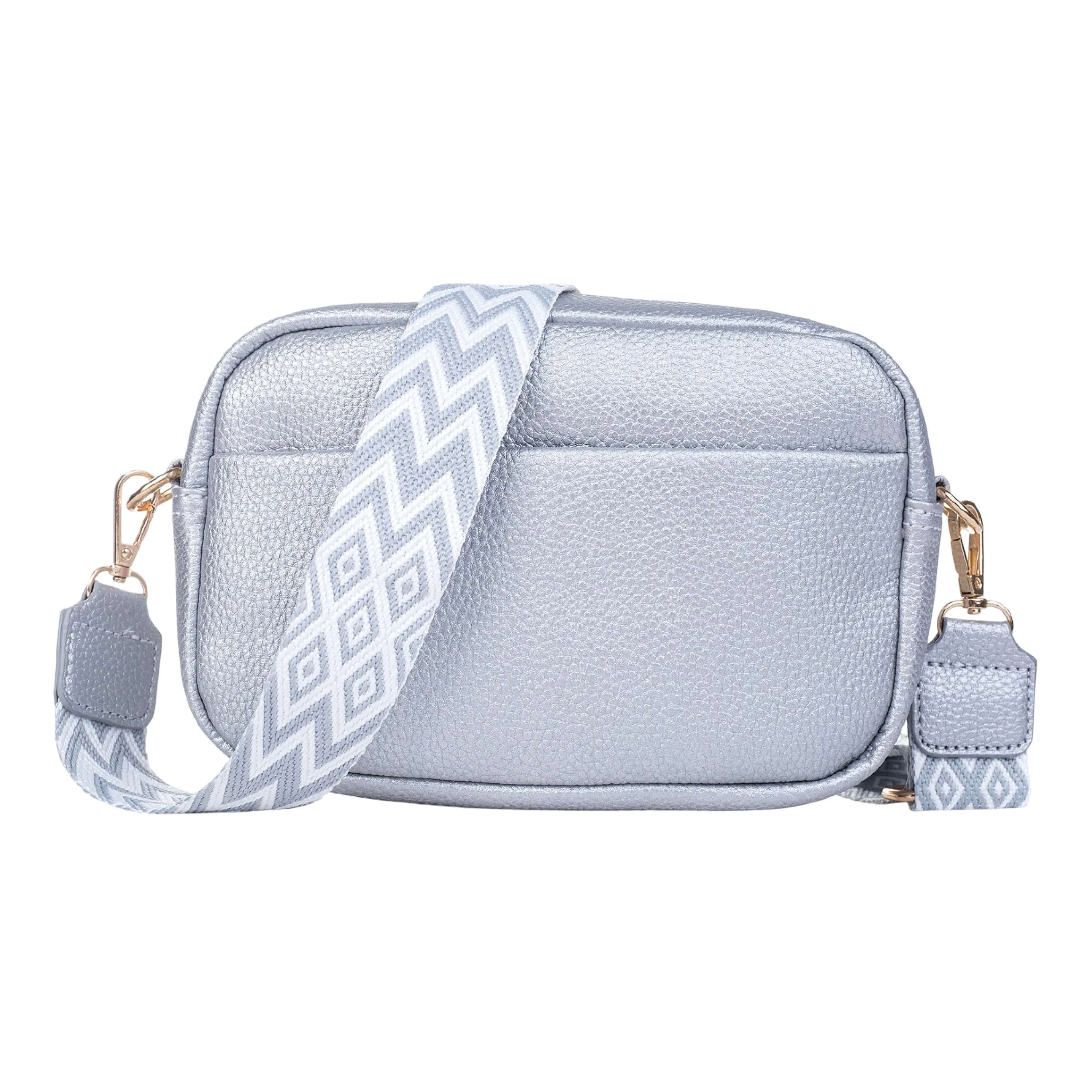 Vegan Leather Camera Bag with Woven Strap | Silver